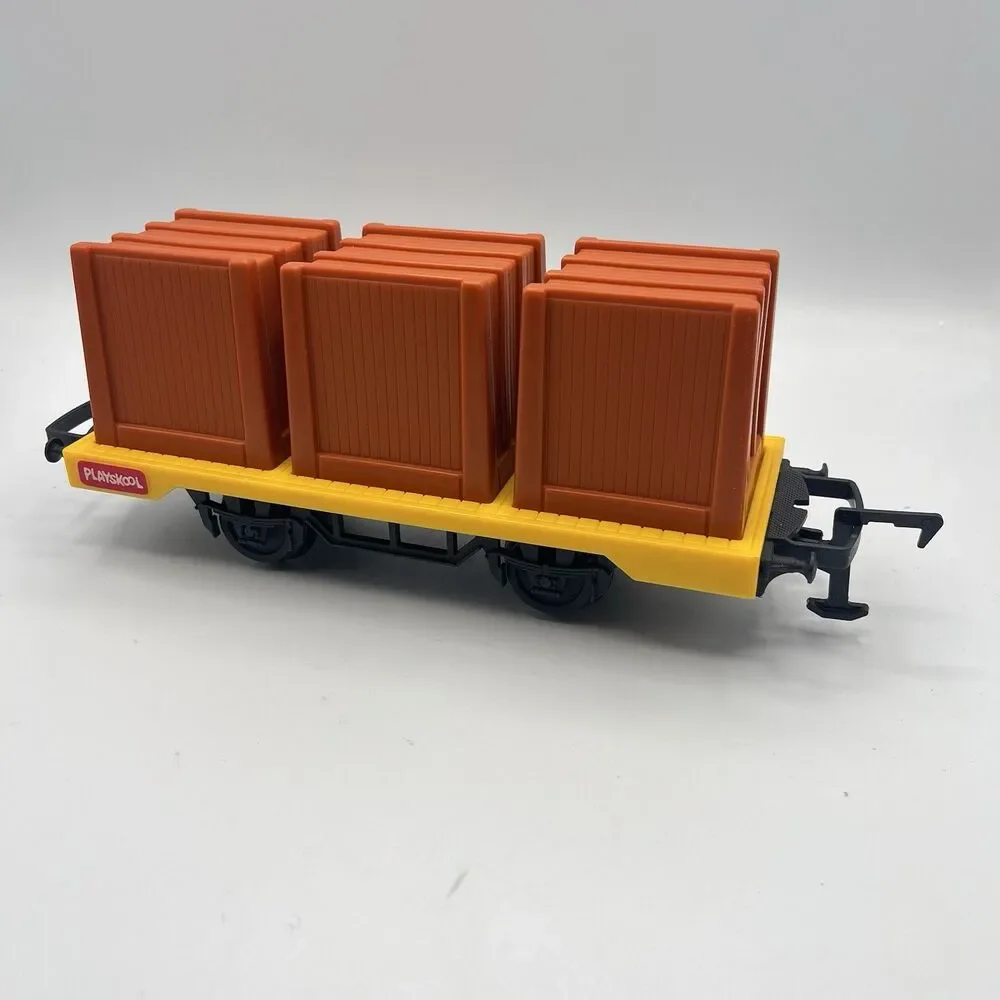 1988 Playskool Express Train Freight Yellow Flat Car With 3 Brown Boxes